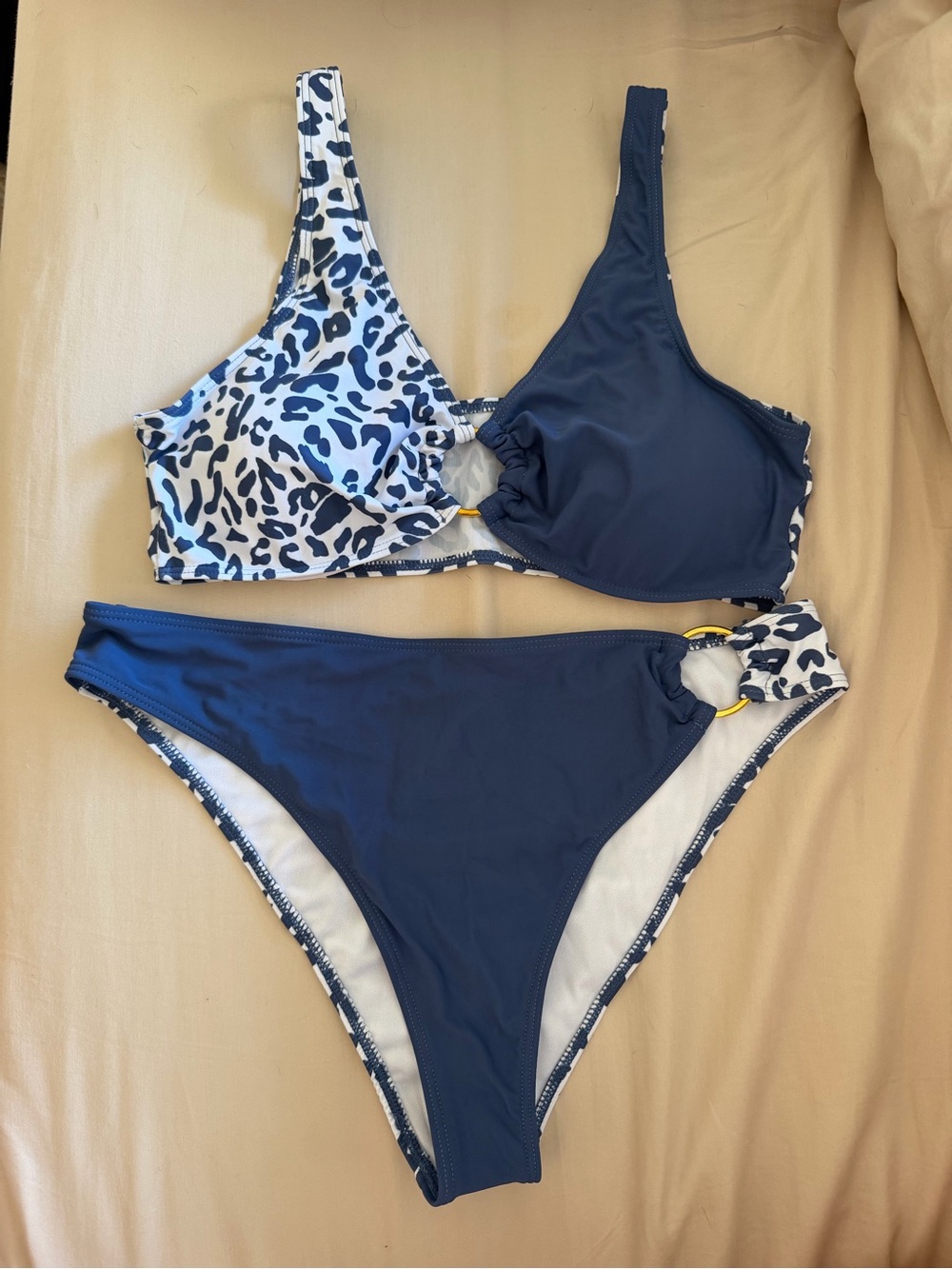 Navy & White Leopard Bikini Set with Gold Ring Detail